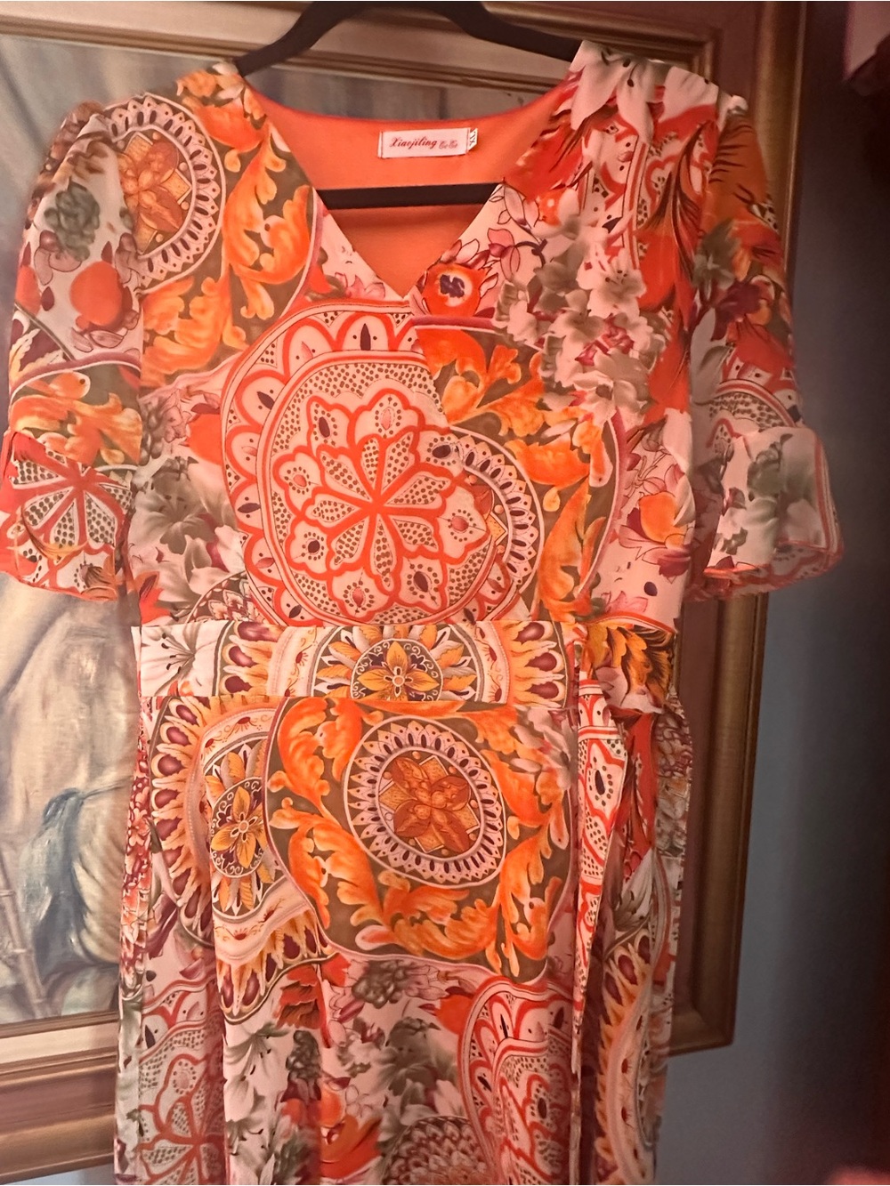 Orange Floral Print V-Neck Women's Dress